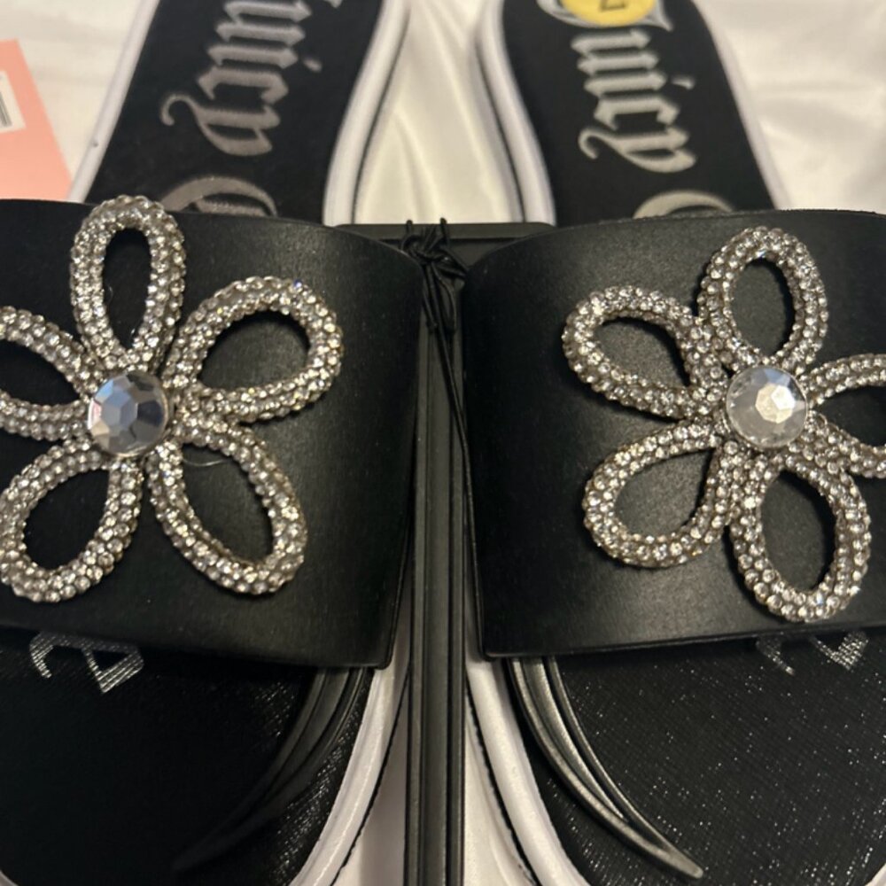 Juicy Couture Black Slide Sandals with Crystal Flower Accents
